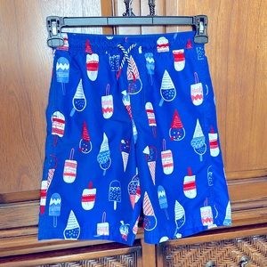 Fun red/ white / blue ice cream design swim trunks. Large (12/14)